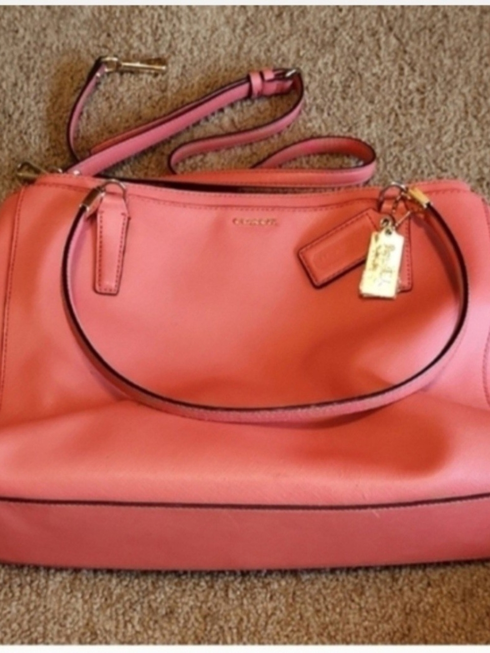 Coach Coralish/orange Leather Satchel with Detachable Shoulder Strap